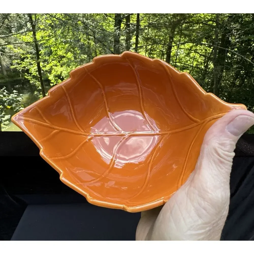 Vintage Gift Craft Fall Thanksgiving Orange Leaf Shape Bowl -C15